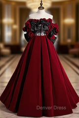 Burgundy Velvet Off the Shoulder Black Bow Prom Dresses