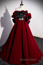 Burgundy Velvet Off the Shoulder Floor Length Prom Dresses