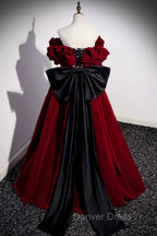 Burgundy Velvet Off the Shoulder Floor Length Prom Dresses