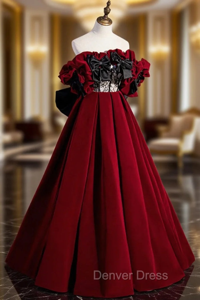 Burgundy Velvet Off the Shoulder Floor Length Prom Dresses Main image