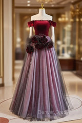 Burgundy Velvet Off the Shoulder Flower Prom Dresses
