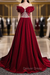 Burgundy Velvet Off the Shoulder Pleats Beading Prom Dresses