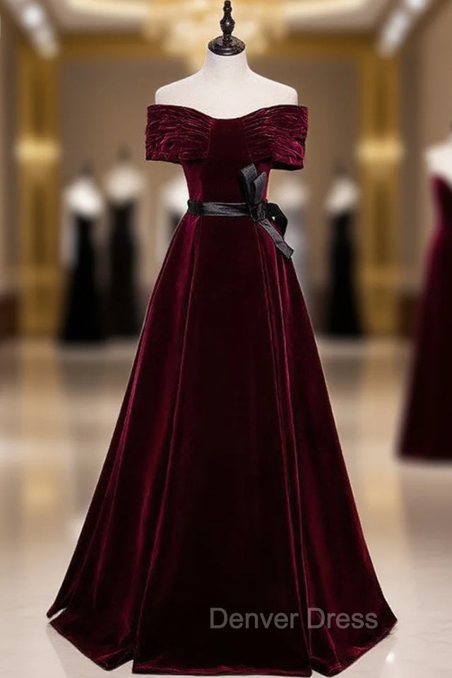 Burgundy Velvet Off the Shoulder Pleats Prom Dresses With Belt