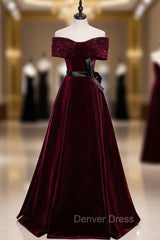 Burgundy Velvet Off the Shoulder Pleats Prom Dresses With Belt