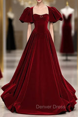 Burgundy Velvet Puff Sleeve Backless Beading Prom Dresses