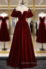 Burgundy Velvet Puff Sleeve Beading Prom Dresses