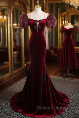 Burgundy Velvet Puff Sleeve Bow Prom Dresses