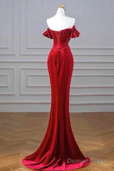 Burgundy Velvet Sequins Long Prom Dress, Mermaid Off The Shoulder Party Dress With Slit