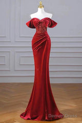 Burgundy Velvet Sequins Long Prom Dress, Mermaid Off The Shoulder Party Dress With Slit