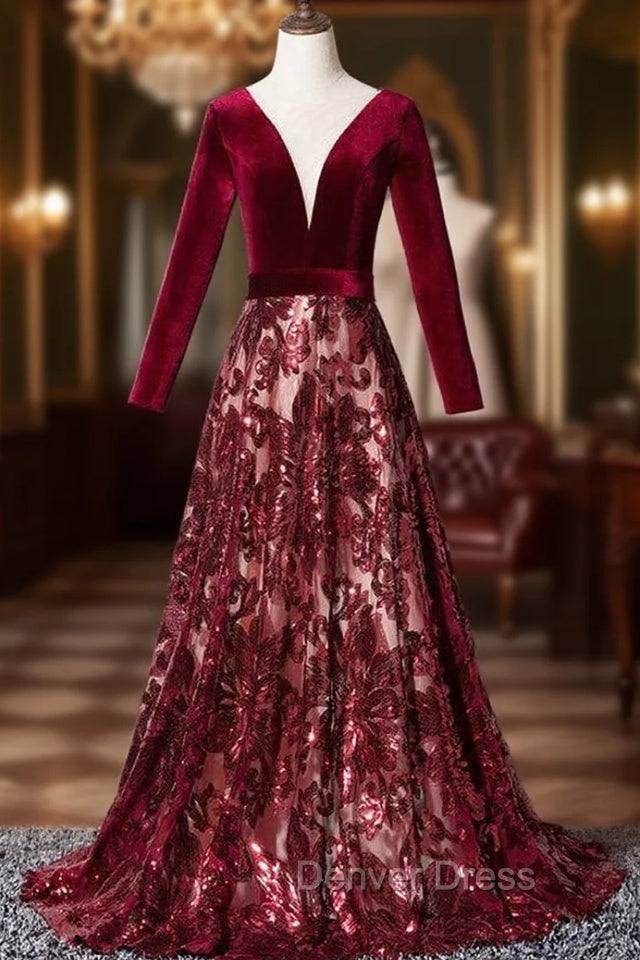 Burgundy Velvet Sequins Long Sleeve See Though V-neck Prom Dresses
