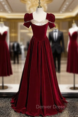 Burgundy Velvet Sequins Square Short Sleeve Prom Dresses