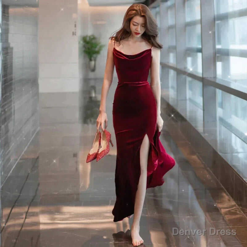 Burgundy Velvet Sexy Mermaid Slit Long Prom Dress, Backless Prom Dress Main image