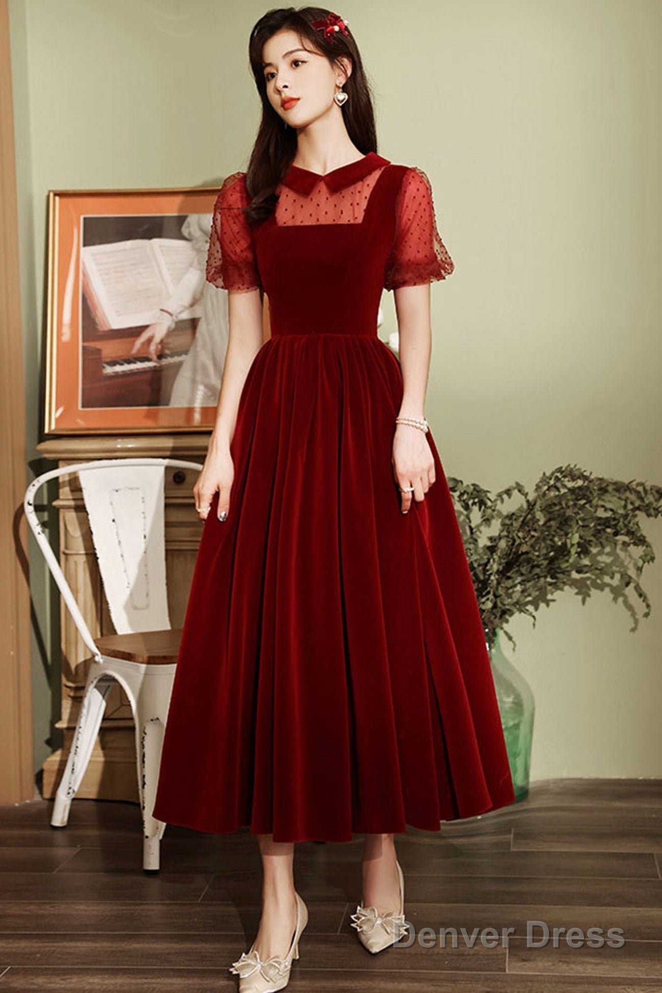 Burgundy Velvet Short Prom Dress, A-Line Homecoming Prom Dresses Secondary image
