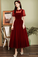 Burgundy Velvet Short Prom Dress, A-Line Homecoming Party Dress