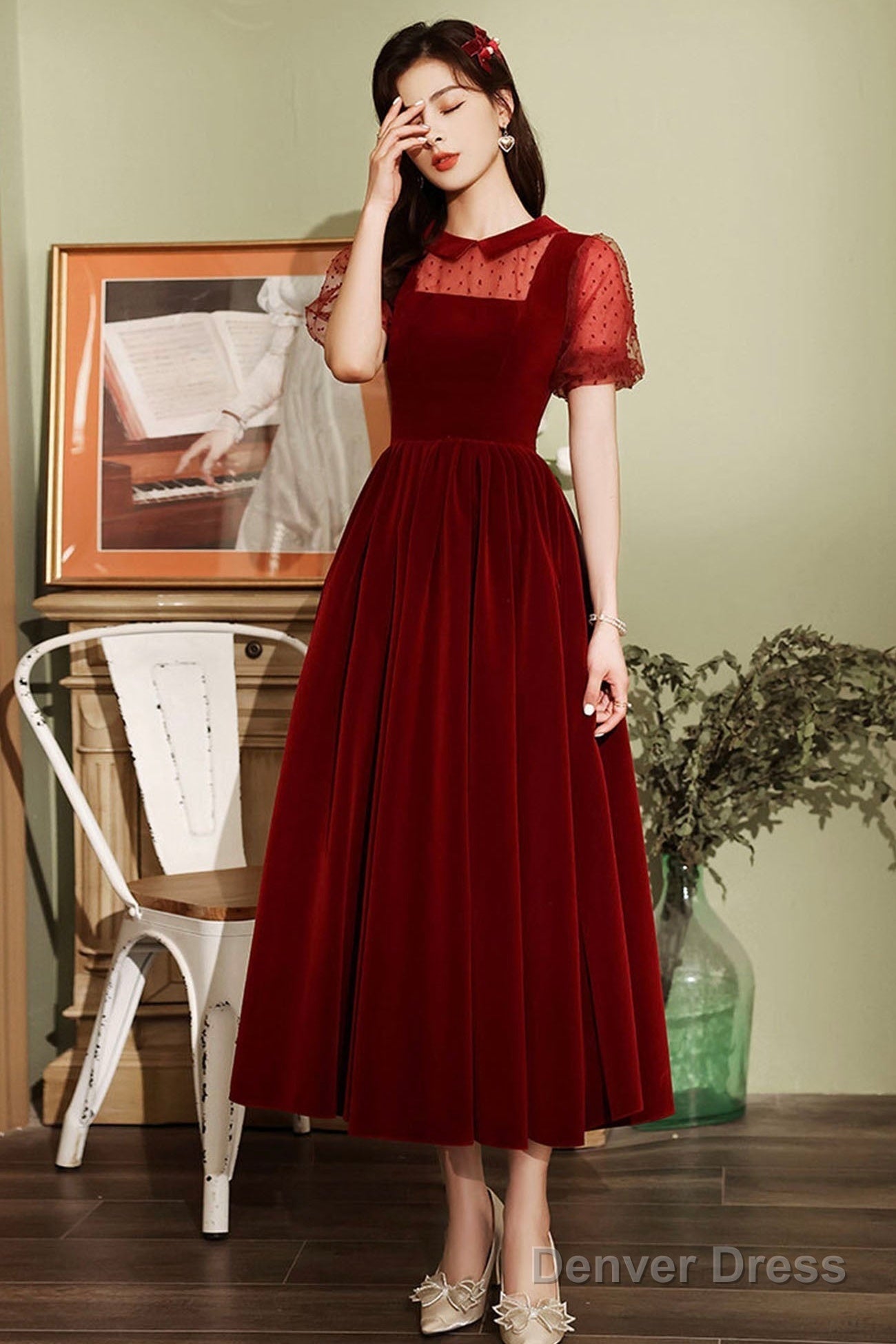 Burgundy Velvet Short Prom Dress, A-Line Homecoming Prom Dresses