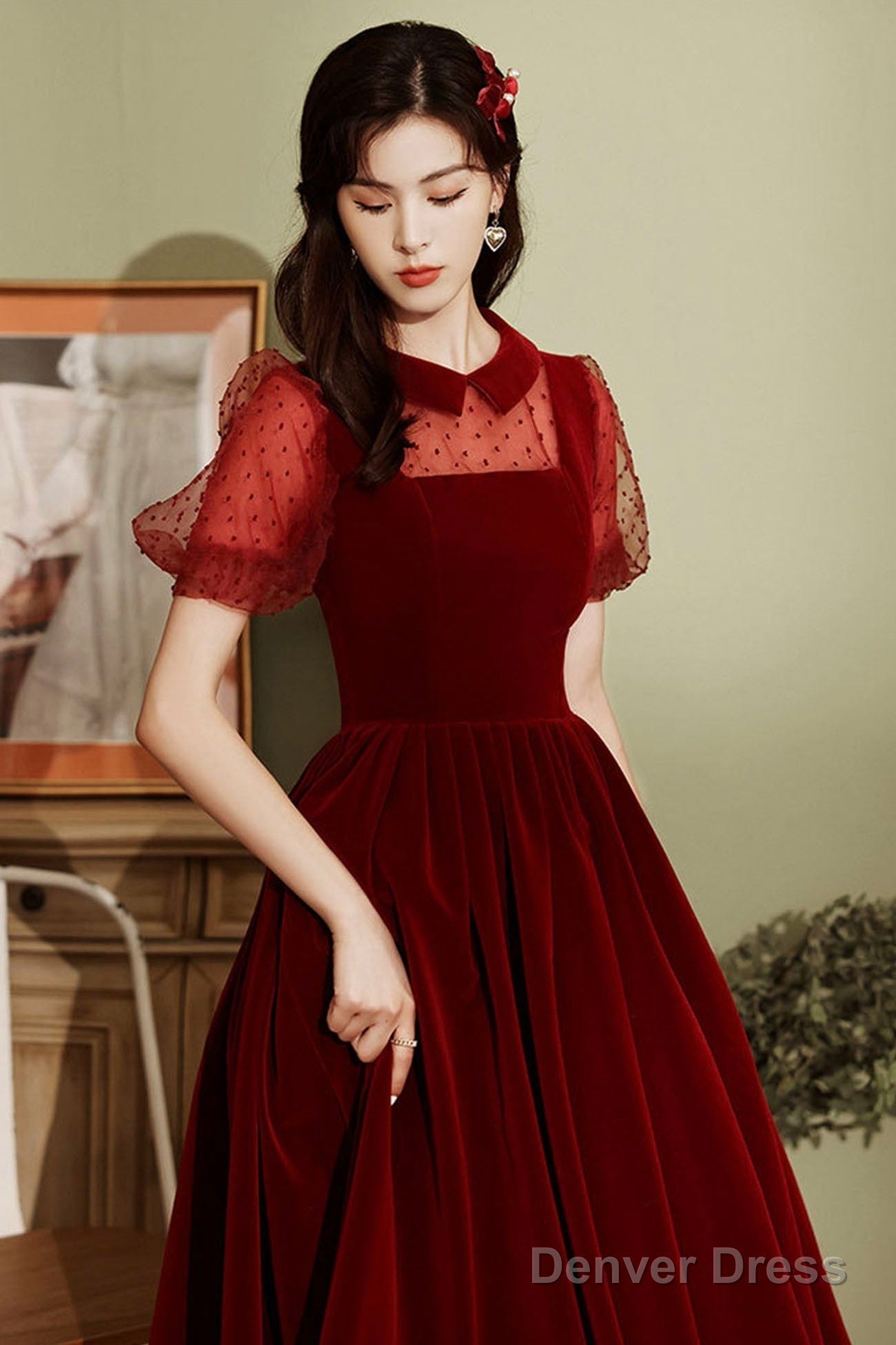 Burgundy Velvet Short Prom Dress, A-Line Homecoming Prom Dresses