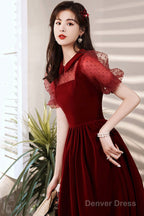 Burgundy Velvet Short Prom Dress, A-Line Homecoming Prom Dresses