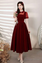 Burgundy Velvet Short Prom Dress, A-Line Homecoming Prom Dresses