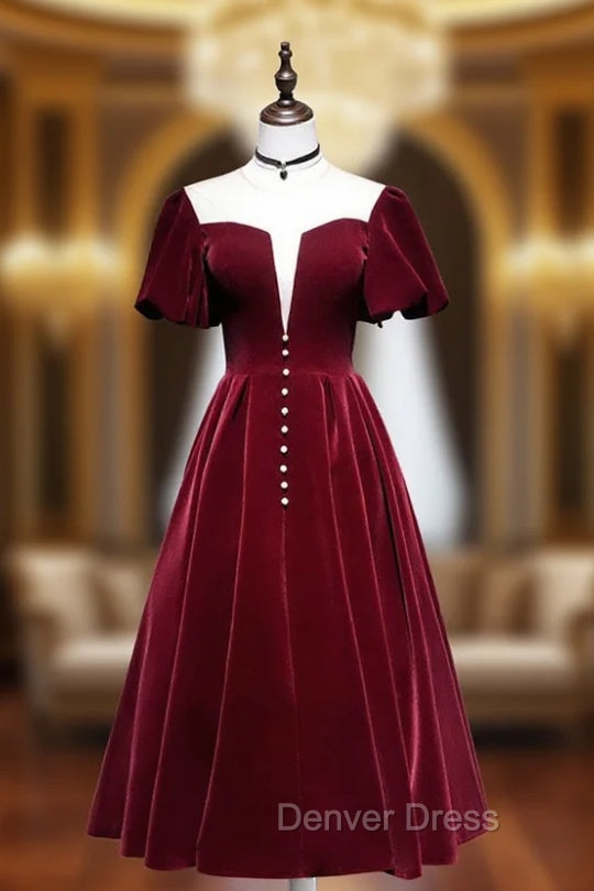 Burgundy Velvet Short Prom Dresses, Cute A-Line Party Dresses
