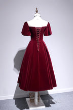 Burgundy Velvet Short Prom Dresses, Cute A-Line Party Dresses