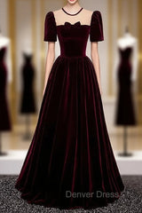 Burgundy Velvet Short Sleeve Bow Prom Dresses