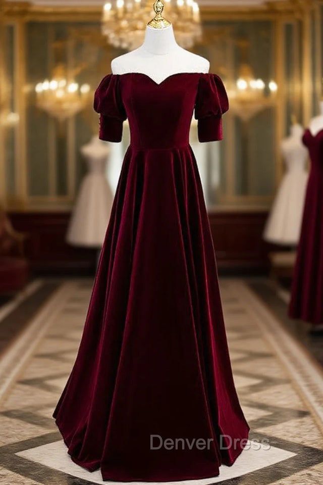 Burgundy Velvet Short Sleeve Long Prom Dresses
