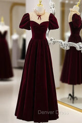 Burgundy Velvet Short Sleeve Prom Dresses
