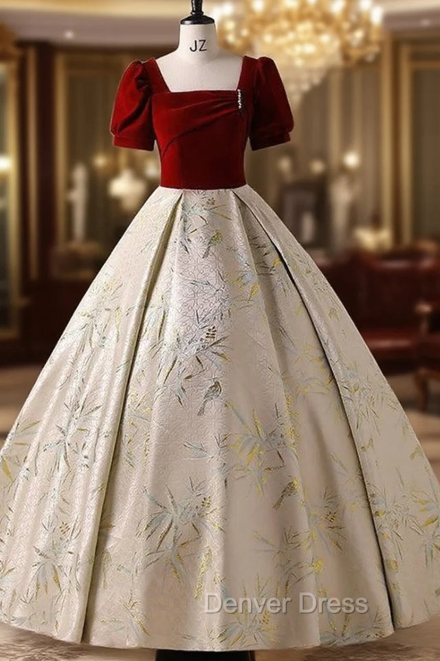 Burgundy Velvet Short Sleeve Quinceanera Dresses