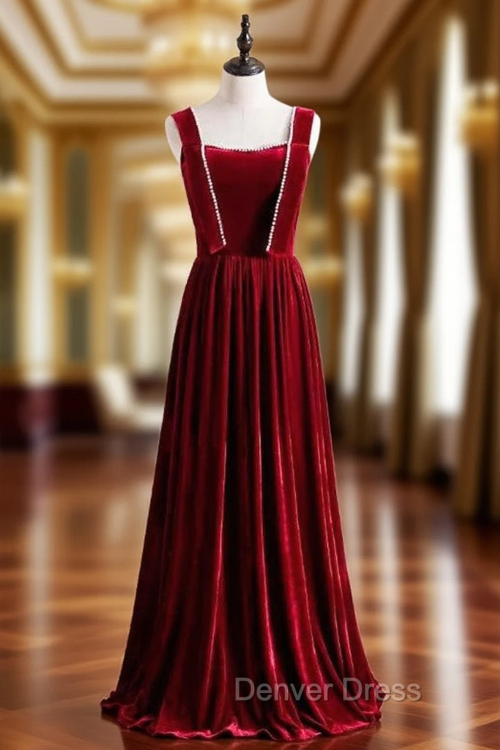 Burgundy Velvet Sleeveless Pearls Long Prom Dresses