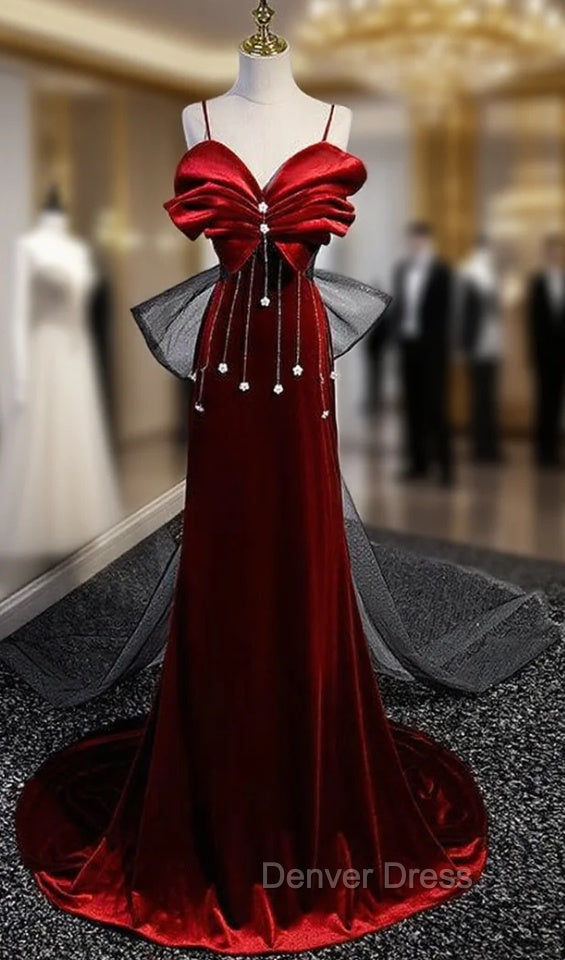 Burgundy Velvet Spaghetti Straps Pleats Prom Dresses Main image