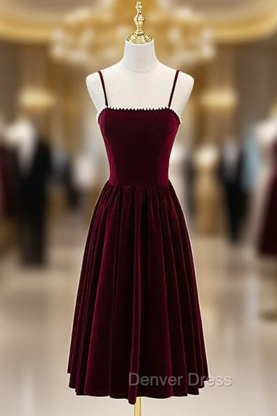 Burgundy Velvet Spaghetti Straps Tea Length Prom Dresses Main image
