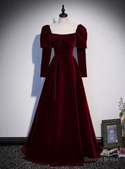 Burgundy Velvet Square Bow Long Sleeve Prom Dress