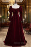 Burgundy Velvet Square Bow Long Sleeve Prom Dresses