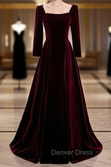 Burgundy Velvet Square Long Sleeve Long Prom Dresses