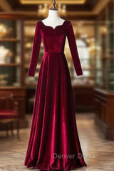 Burgundy Velvet Square Neck Long Sleeve Prom Dresses