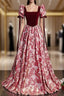 Burgundy Velvet Square Neck Puff Sleeve Prom Dresses