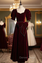 Burgundy Velvet Square Puff Sleeve Pearls Prom Dresses