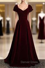 Burgundy Velvet Square Puff Sleeve Pleats Prom Dresses