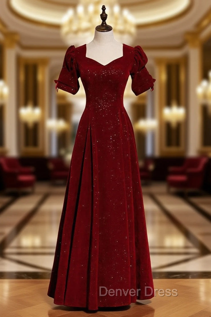 Burgundy Velvet Square Short Sleeve Long Prom Dresses