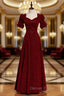 Burgundy Velvet Square Short Sleeve Long Prom Dresses