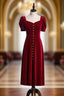 Burgundy Velvet Square Short Sleeve Prom Dresses