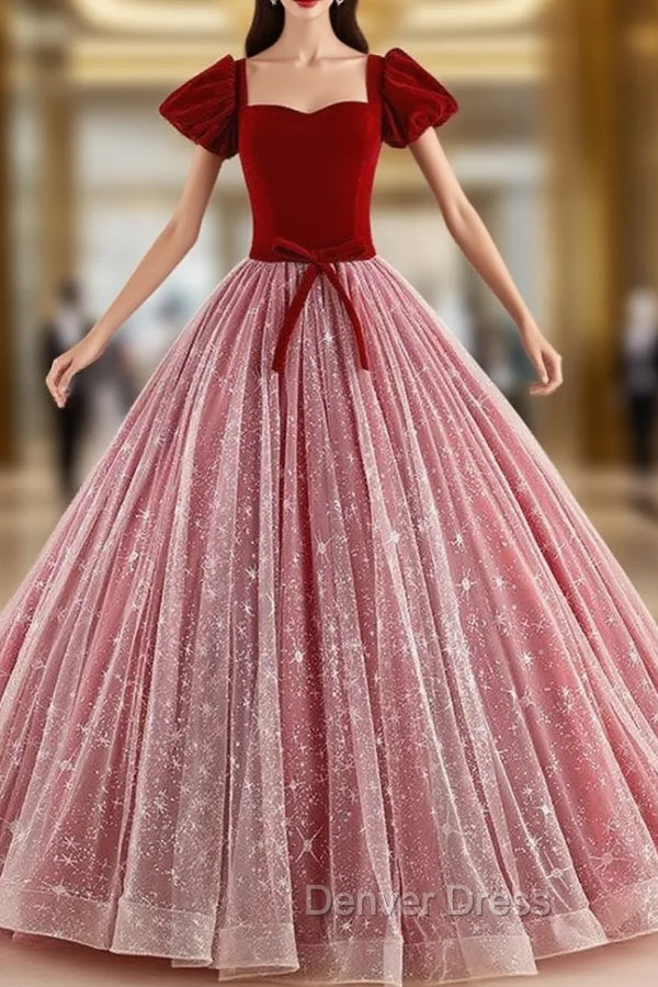 Burgundy Velvet Square Short Sleeve Quinceanera Dresses
