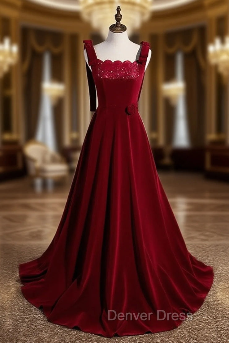 Burgundy Velvet Straps Beading Prom Dresses Main image