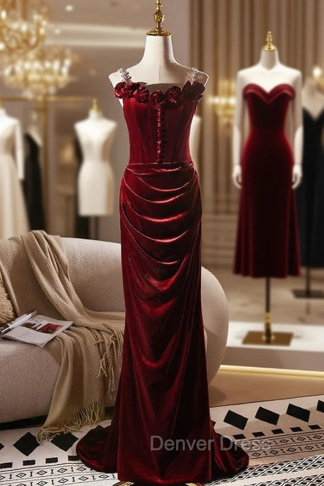 Burgundy Velvet Straps Flower Button Prom Dresses