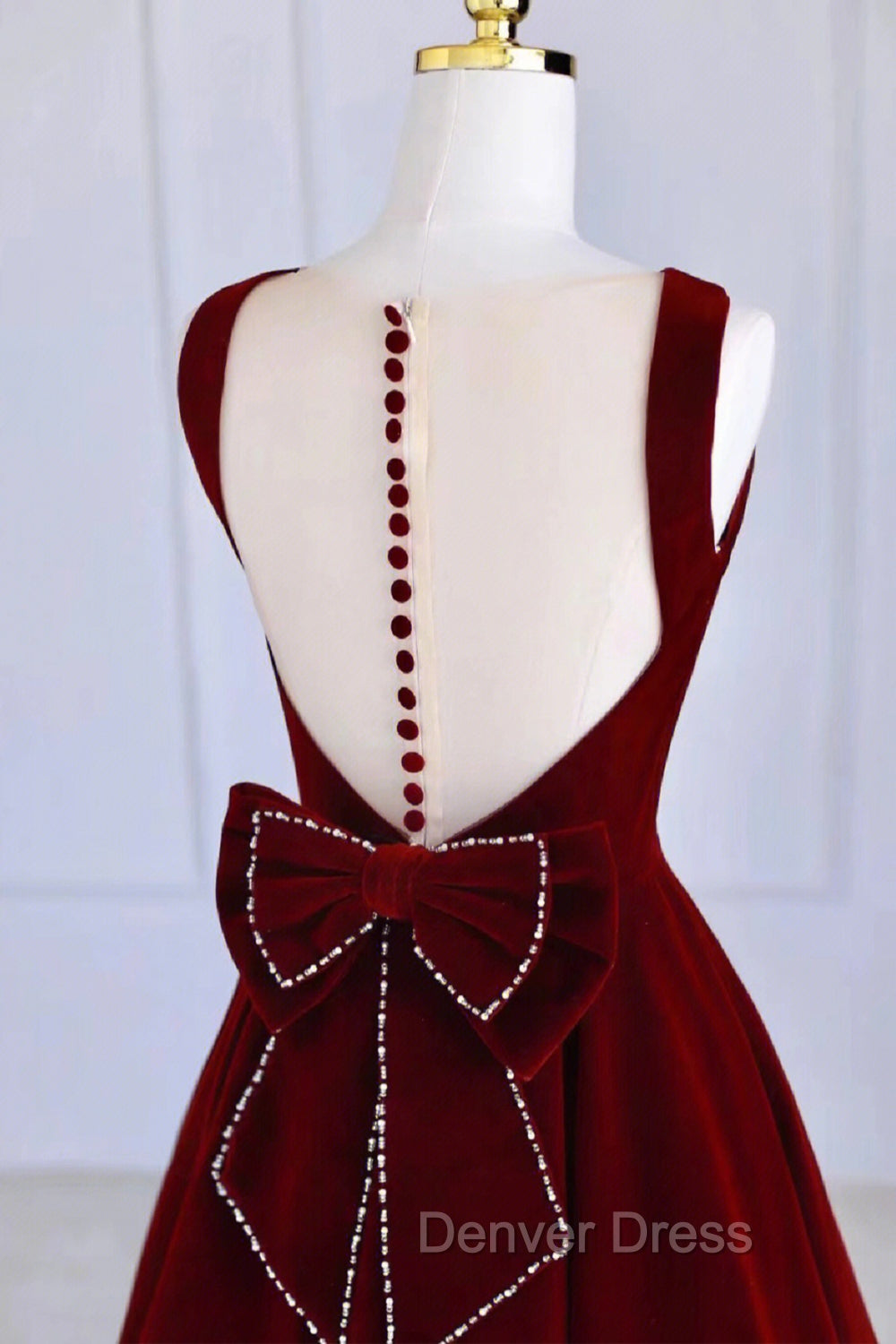 Burgundy Velvet Tea Length Prom Dresses, A-Line Party Dresses with Bow