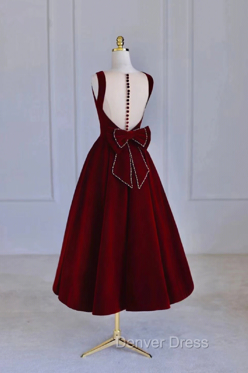 Burgundy Velvet Tea Length Prom Dresses, A-Line Party Dresses with Bow Secondary image