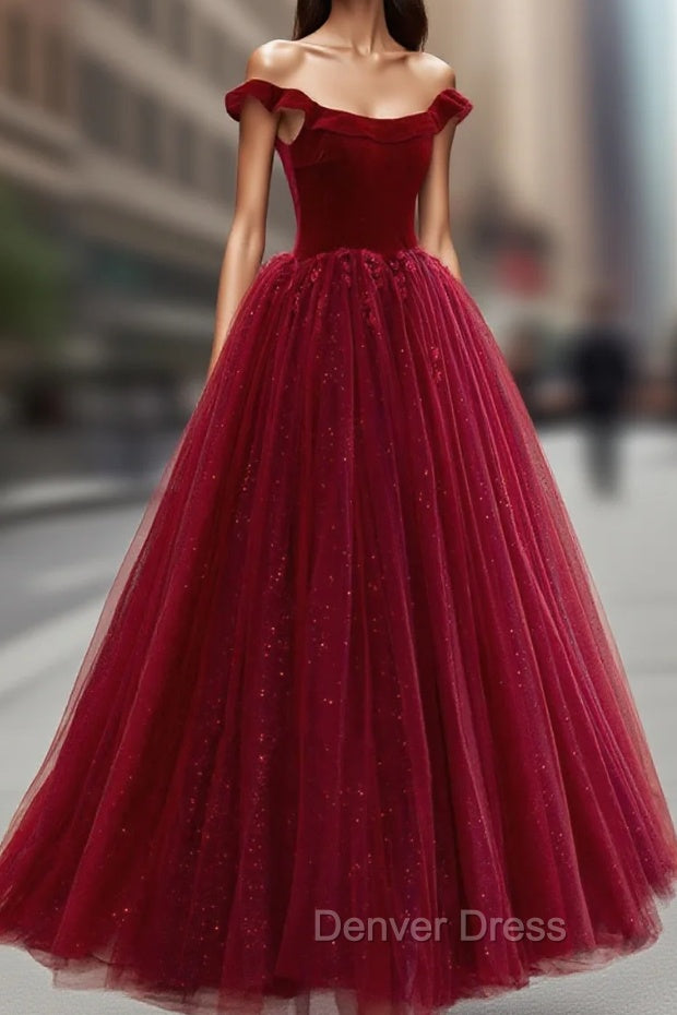 Burgundy Velvet Tulle Floor Length Prom Dresses, Lovely Evening Party Dresses Secondary image