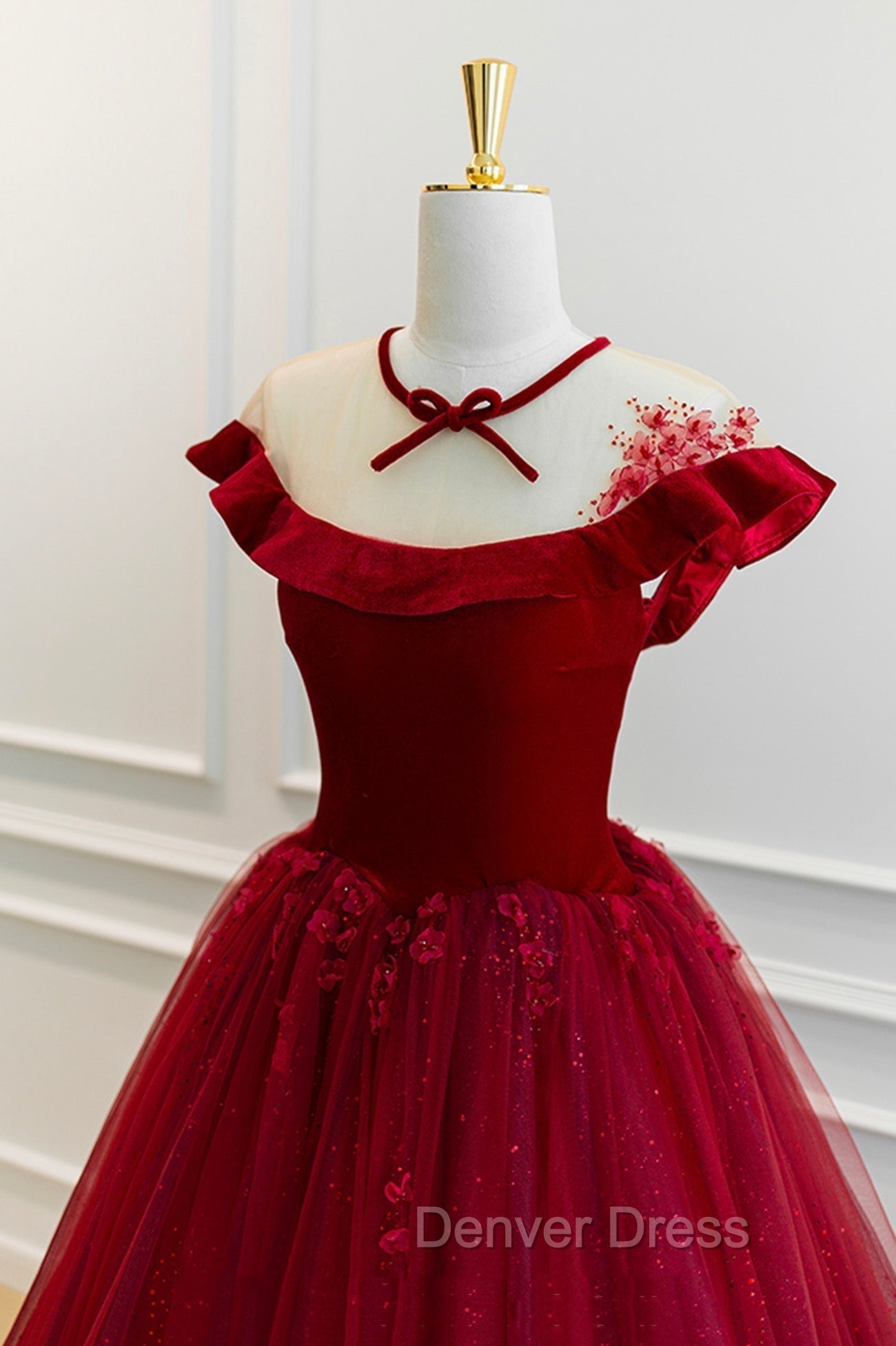 Burgundy Velvet Tulle Floor Length Prom Dresses, Lovely Evening Party Dresses
