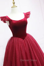 Burgundy Velvet Tulle Tea Length Prom Dress, Cute A Line Prom Dresses
