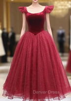 Burgundy Velvet Tulle Tea Length Prom Dresses, Cute A-Line Party Dresses